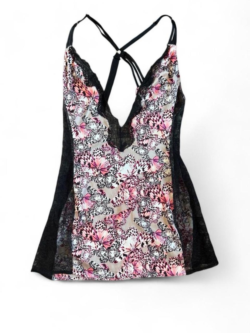Victoria's Secret Butterfly Print Lace Trim Caged Back Chemise Slip Dress